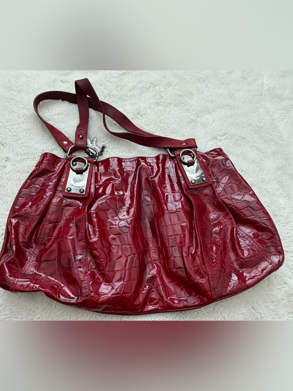 Red Leather Croc-Embossed Shoulder Bag
